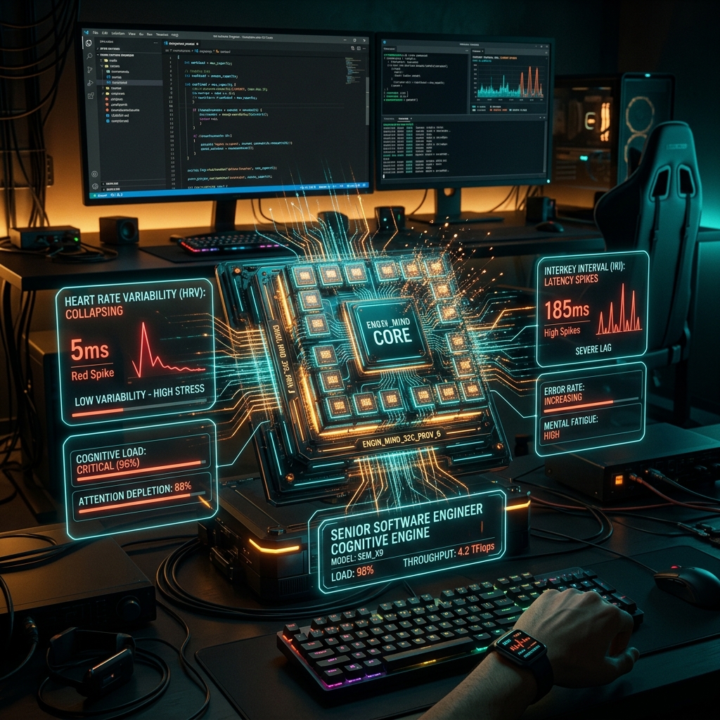 An engineer looking at a screen filled with AI code outputs and biometric indicators.