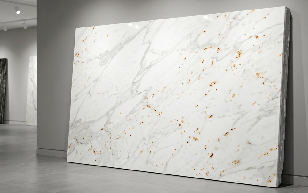 Afyon Sugar marble — polished slab surface showing White coloring. Origin: Turkey (Afyon). Hardness: 3 Mohs. Acid sensitivity: high.
