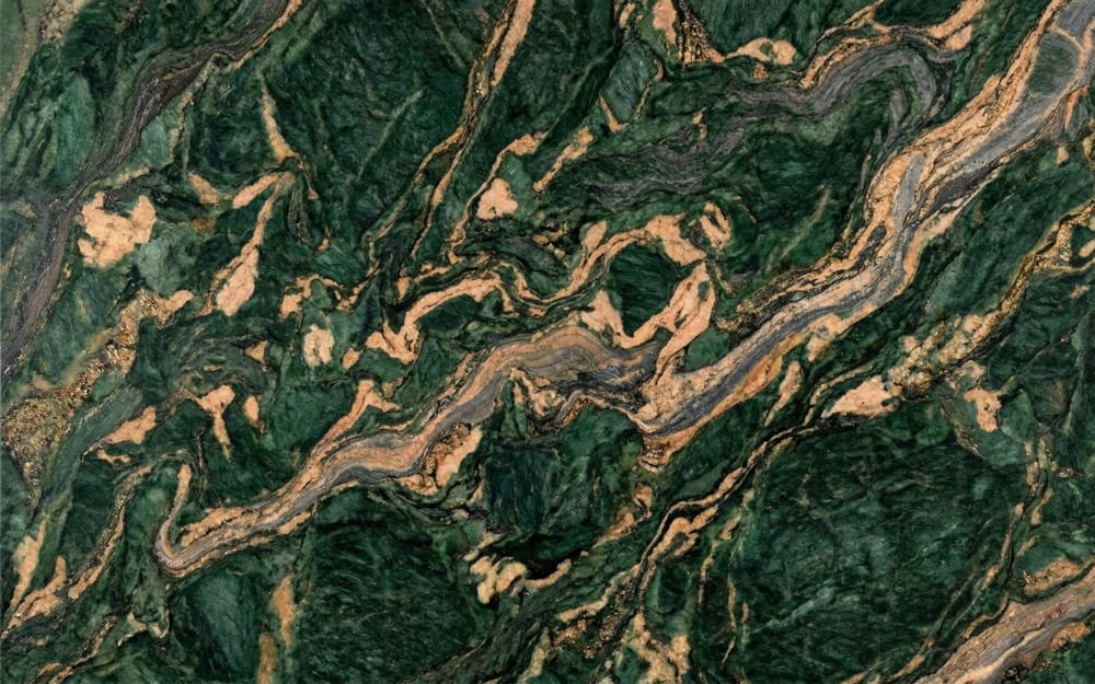 Amazonia granite — polished slab surface showing Green coloring. Origin: Brazil. Hardness: 6 Mohs. Acid sensitivity: none.