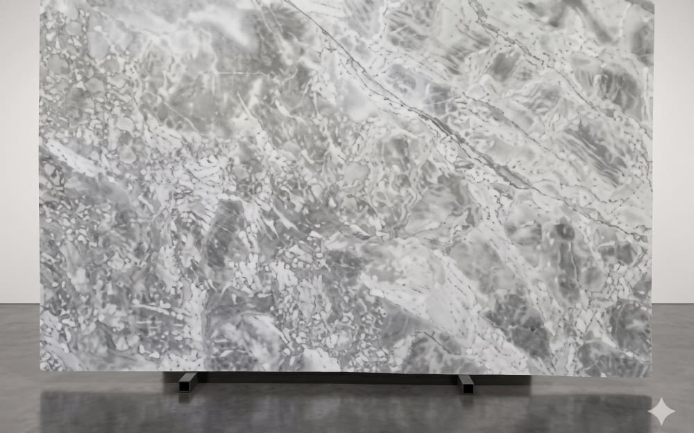 Arabescato Dolomiti dolomite — polished slab surface showing White coloring. Origin: Italy. Hardness: 3.5 Mohs. Acid sensitivity: medium.