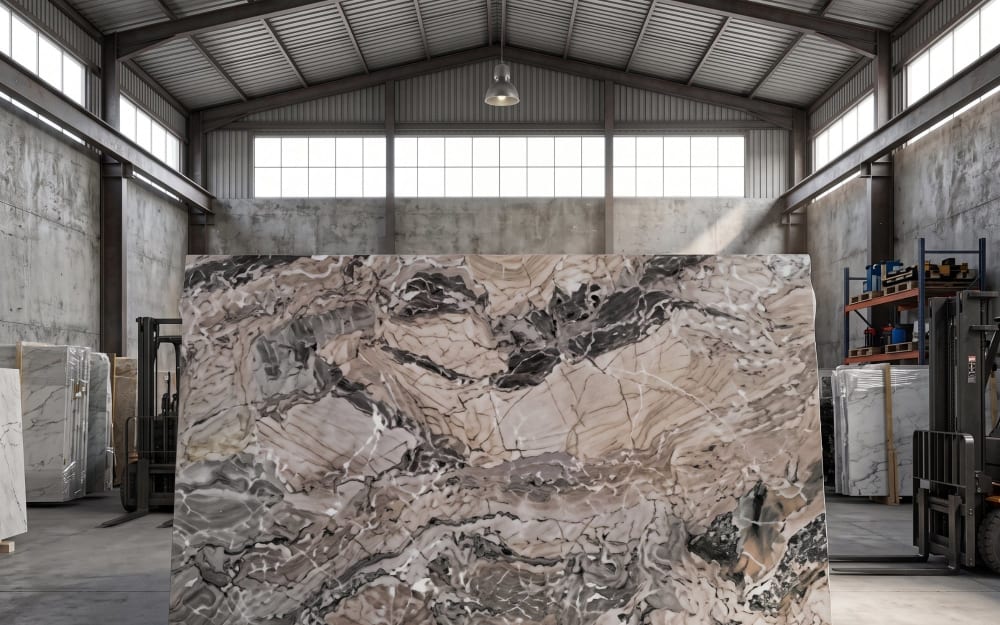 Arabescato Orobico marble — polished slab surface showing White coloring. Origin: Italy (Bergamo). Hardness: 3 Mohs. Acid sensitivity: high.