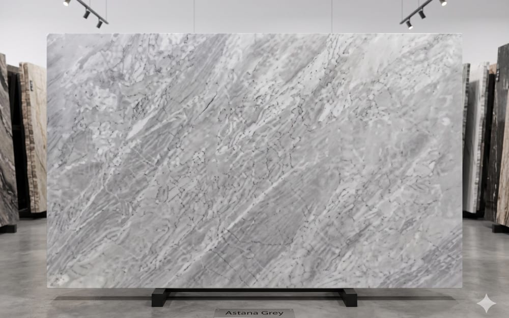 Atlas Grey dolomite — polished slab surface showing Grey coloring. Origin: Morocco (Atlas Mountains). Hardness: 3.5 Mohs. Acid sensitivity: medium.