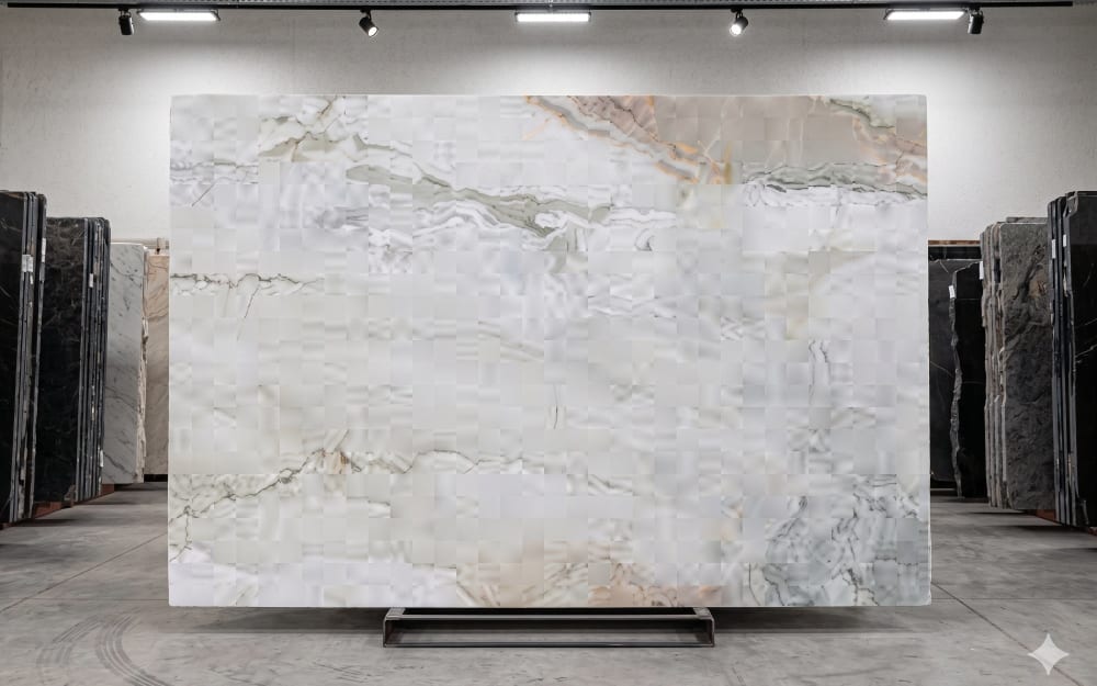 Austral Dream marble — polished slab surface showing White coloring. Origin: Brazil. Hardness: 3 Mohs. Acid sensitivity: high.