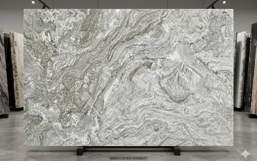 Avalanche marble — polished slab surface showing White coloring. Origin: Brazil. Hardness: 3 Mohs. Acid sensitivity: high.