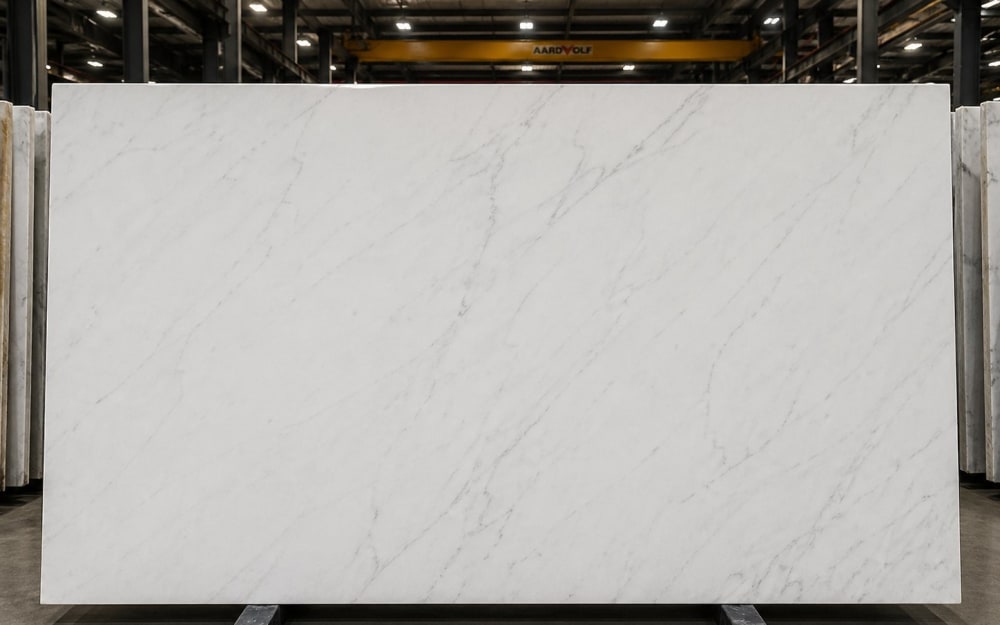 Bianco Sivec marble — polished slab surface showing White coloring. Origin: North Macedonia. Hardness: 3 Mohs. Acid sensitivity: high.
