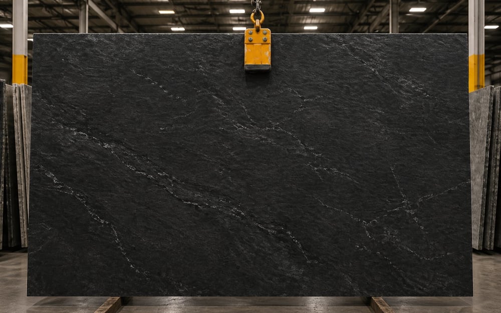 Black Soapstone soapstone — polished slab surface showing Black coloring. Origin: Brazil / India. Hardness: 1 Mohs. Acid sensitivity: none.