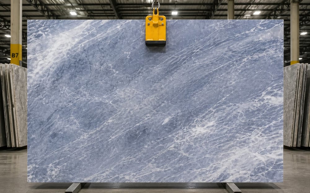 Blue Damasco marble — polished slab surface showing Blue coloring. Origin: Italy. Hardness: 3 Mohs. Acid sensitivity: high.