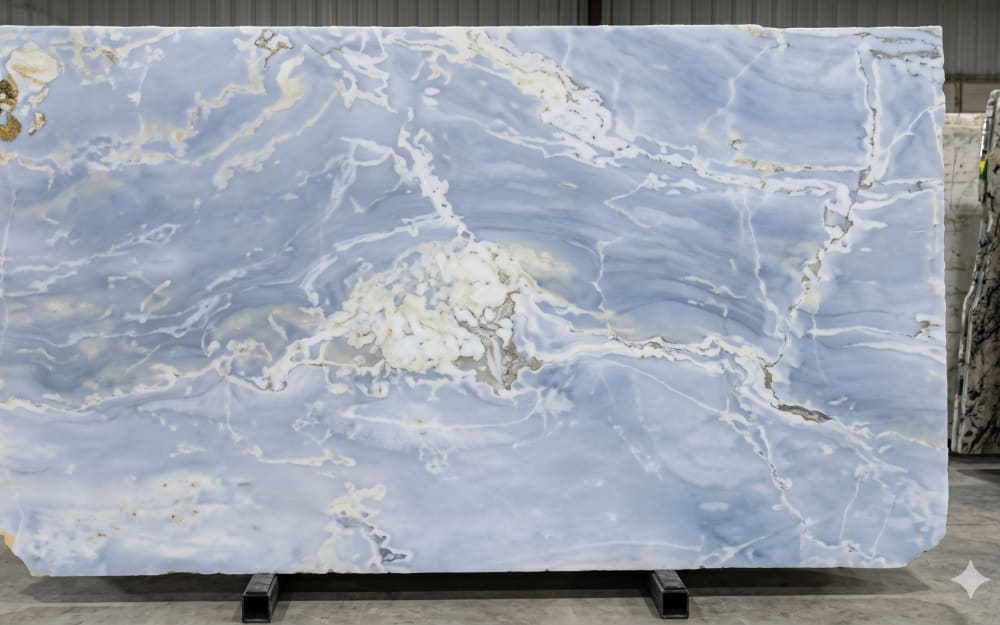 Blue Star Marble marble — polished slab surface showing Blue coloring. Origin: Brazil. Hardness: 3 Mohs. Acid sensitivity: high.