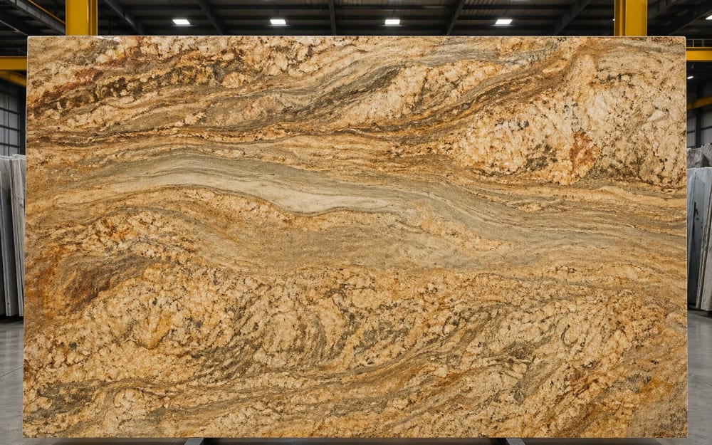 Bordeaux River granite — polished slab surface showing Brown coloring. Origin: Brazil. Hardness: 6 Mohs. Acid sensitivity: none.