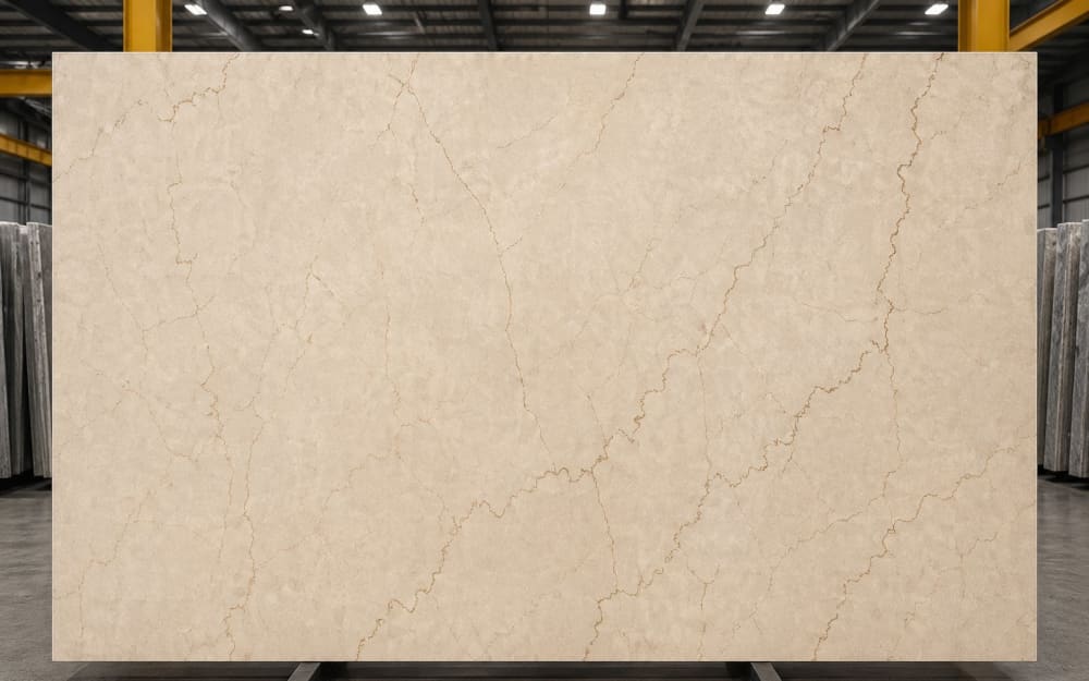 Botticino Classico marble — polished slab surface showing Cream coloring. Origin: Italy (Brescia). Hardness: 3 Mohs. Acid sensitivity: high.
