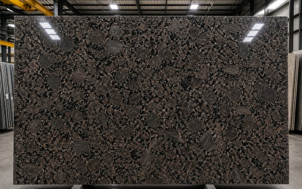 Café Bahia granite — polished slab surface showing Blue coloring. Origin: Brazil. Hardness: 6 Mohs. Acid sensitivity: none.