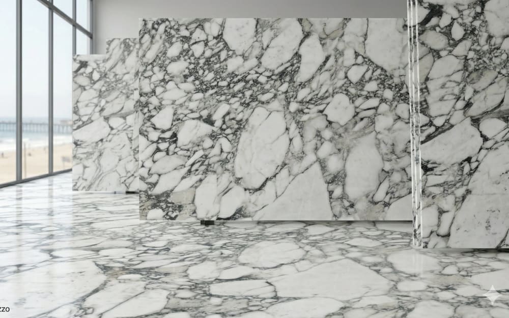 Calacatta Vagli marble — polished slab surface showing White coloring. Origin: Italy (Apuan Alps). Hardness: 3 Mohs. Acid sensitivity: high.