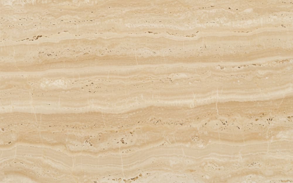 Classic Travertine (Roman) travertine — polished slab surface showing Cream coloring. Origin: Italy (Tivoli). Hardness: 4 Mohs. Acid sensitivity: high.