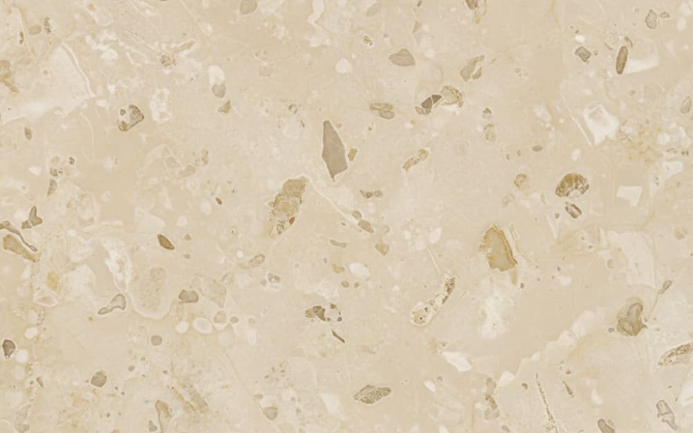Crema Europa limestone — polished slab surface showing Cream coloring. Origin: Spain. Hardness: 3 Mohs. Acid sensitivity: high.