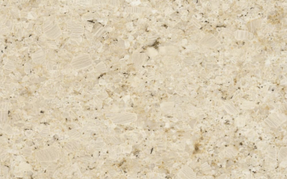Delicatus Cream granite — polished slab surface showing White coloring. Origin: Brazil. Hardness: 6 Mohs. Acid sensitivity: none.