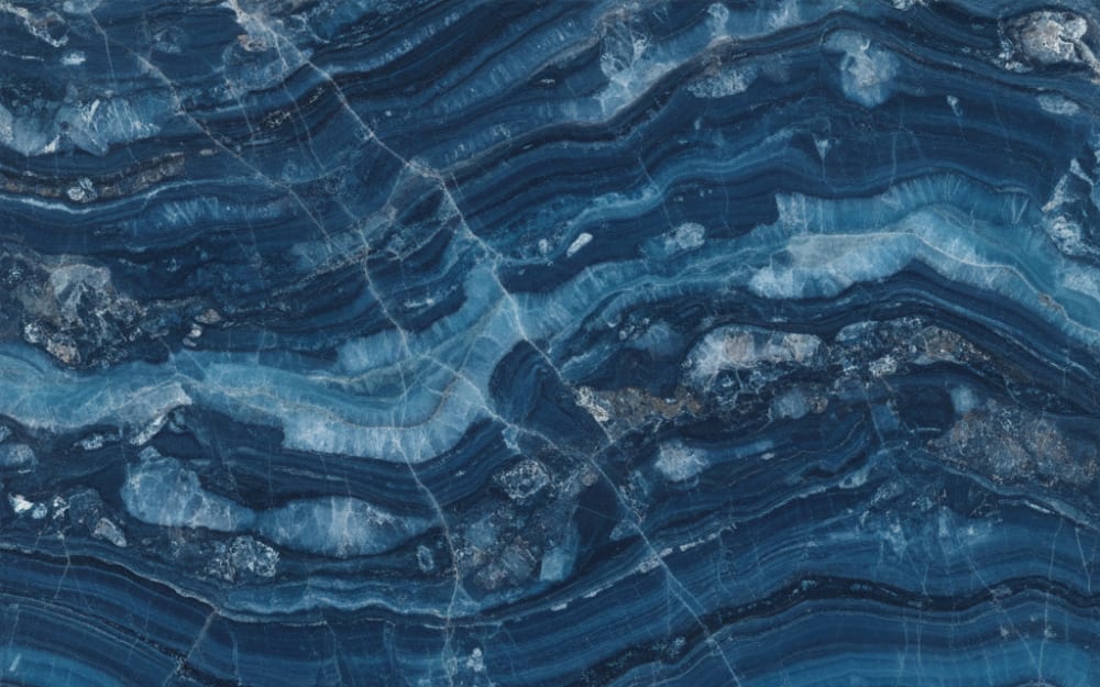 Ijen Blue quartzite — polished slab surface showing Blue coloring. Origin: Brazil. Hardness: 7 Mohs. Acid sensitivity: low.