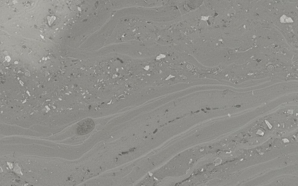 Jura Grey limestone — polished slab surface showing Grey coloring. Origin: Germany (Jura region, Bavaria). Hardness: 3 Mohs. Acid sensitivity: high.