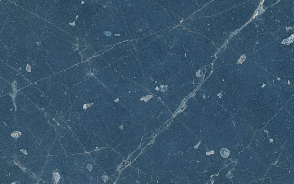 Lagos Blue limestone — polished slab surface showing Blue coloring. Origin: Portugal. Hardness: 3 Mohs. Acid sensitivity: high.