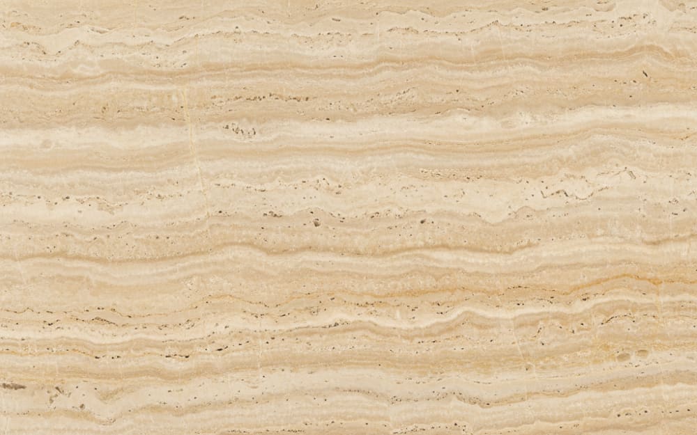 Light Vein Cut Travertine travertine — polished slab surface showing Green coloring. Origin: Turkey / Iran. Hardness: 4 Mohs. Acid sensitivity: high.