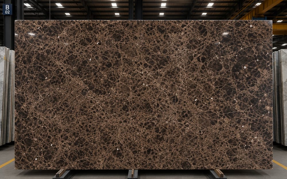 Marrón Imperial marble — polished slab surface showing White coloring. Origin: Spain. Hardness: 3 Mohs. Acid sensitivity: high.