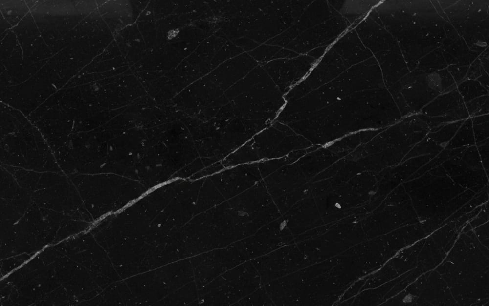 Negro Marquina (Spanish) marble — polished slab surface showing White coloring. Origin: Spain (Basque Country). Hardness: 3 Mohs. Acid sensitivity: high.