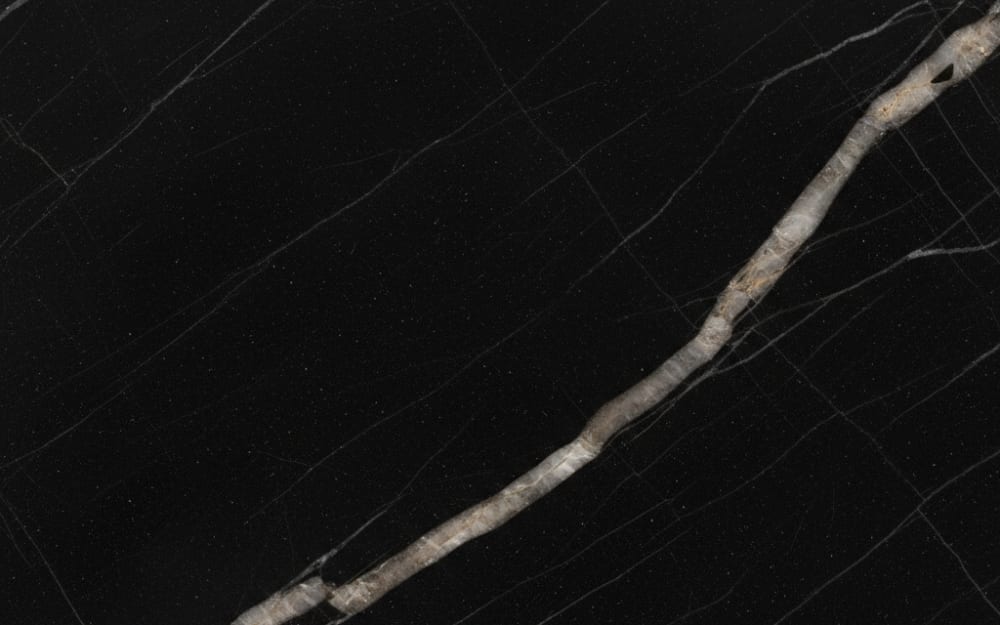Nero Tunisi marble — polished slab surface showing Black coloring. Origin: Tunisia / Italy. Hardness: 3 Mohs. Acid sensitivity: high.