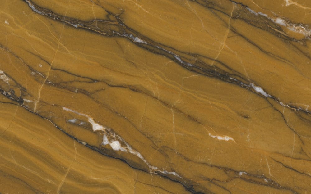 Portoro Gold marble — polished slab surface showing Gold/Yellow coloring. Origin: Italy (La Spezia). Hardness: 3 Mohs. Acid sensitivity: high.