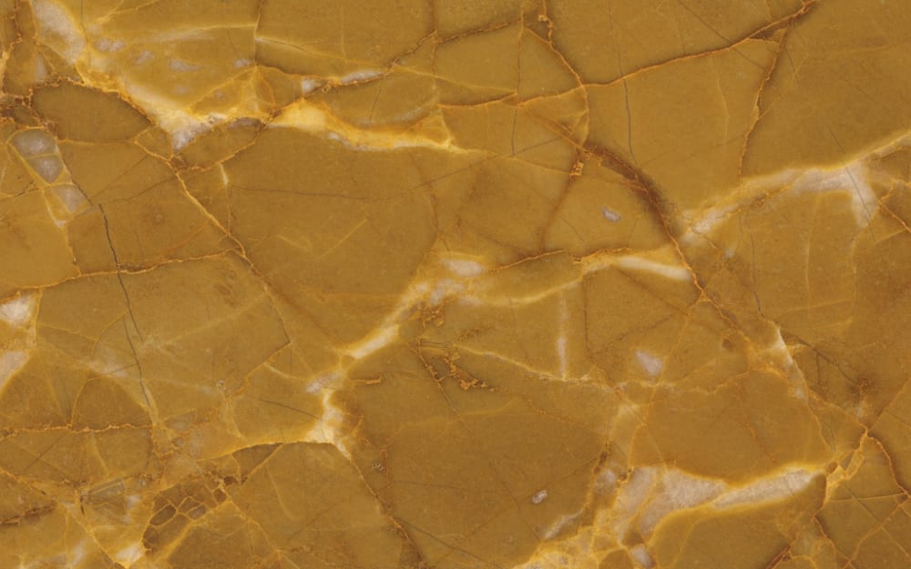 Rainforest Gold Marble marble — polished slab surface showing Gold/Yellow coloring. Origin: India (Rajasthan). Hardness: 3 Mohs. Acid sensitivity: high.