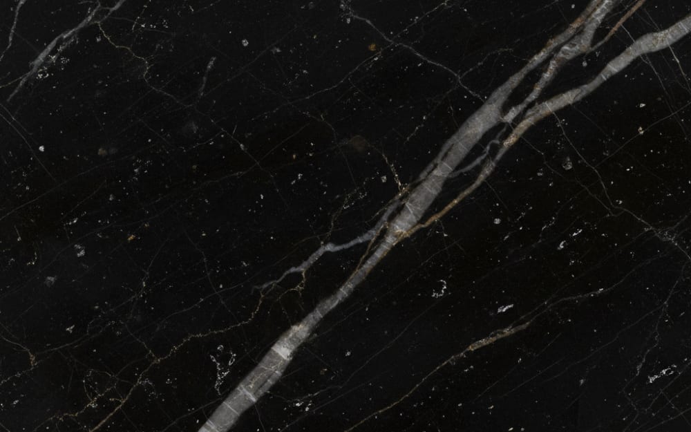 Toros Black marble — polished slab surface showing Black coloring. Origin: Turkey (Antalya). Hardness: 3 Mohs. Acid sensitivity: high.
