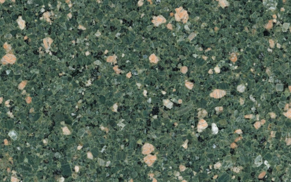 Tropical Green granite — polished slab surface showing Green coloring. Origin: India. Hardness: 6 Mohs. Acid sensitivity: none.