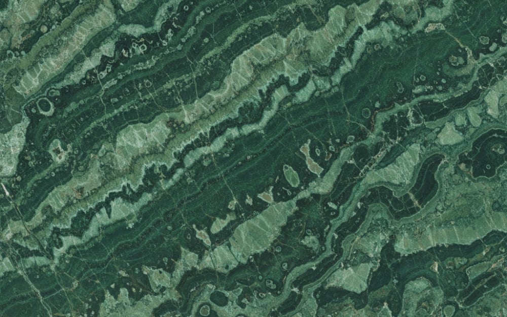 Verde Rameggiato serpentine — polished slab surface showing Green coloring. Origin: Italy (Alps). Hardness: 3 Mohs. Acid sensitivity: medium.