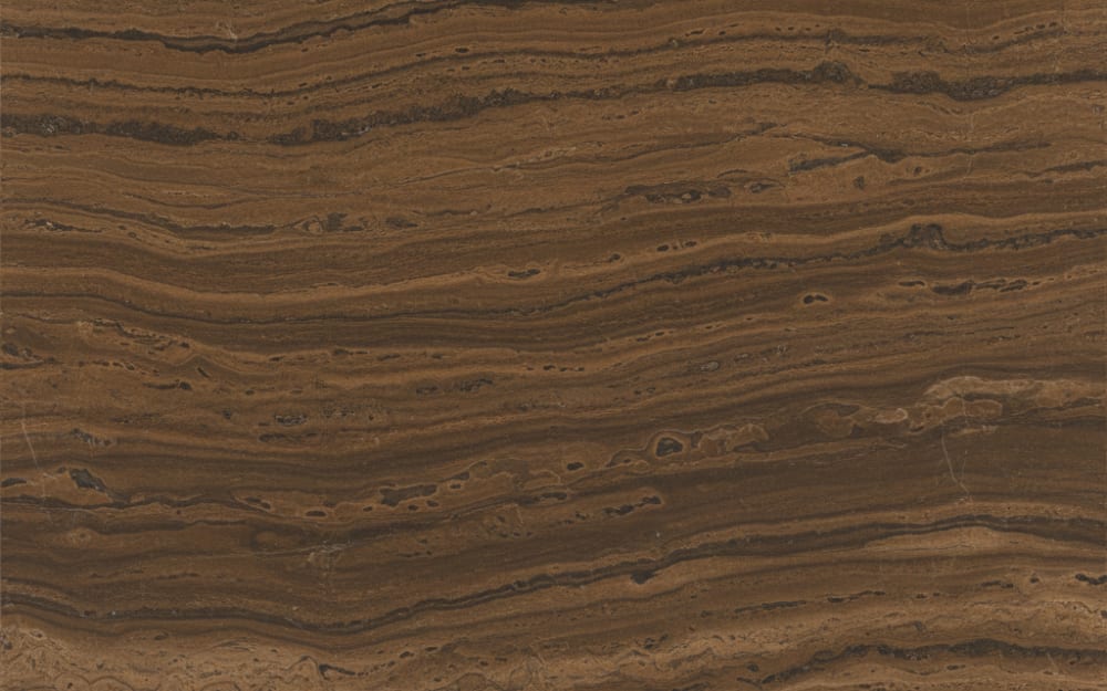 Walnut (Noce) Travertine travertine — polished slab surface showing Brown coloring. Origin: Turkey / Iran. Hardness: 4 Mohs. Acid sensitivity: high.