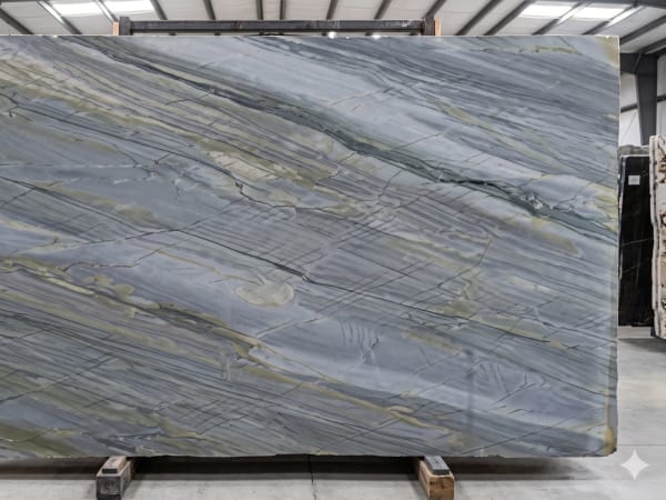 Azul Imperiale quartzite polished slab surface texture — Blue tones, quarried from Brazil