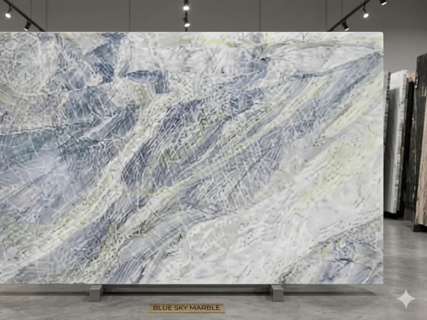 Bali Blue quartzite polished slab surface texture — Blue tones, quarried from Brazil