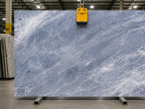 Blue Damasco marble polished slab surface texture — Blue tones, quarried from Italy