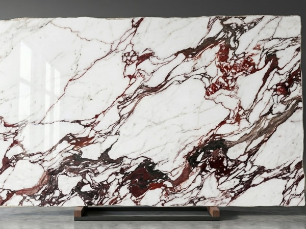 Calacatta Rosso Venato marble polished slab surface texture — Red/Pink tones, quarried from Italy (Carrara)