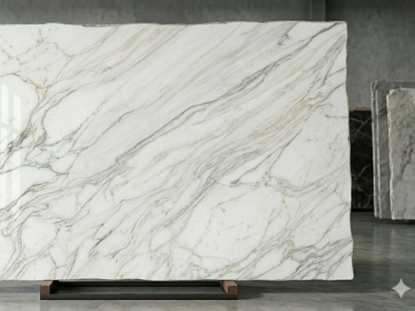 Calacatta Tucci marble polished slab surface texture — White tones, quarried from Italy (Carrara)