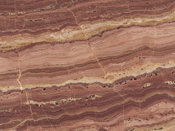 Coral Stone Travertine travertine polished slab surface texture — Red/Pink tones, quarried from Mexico (Yucatán)