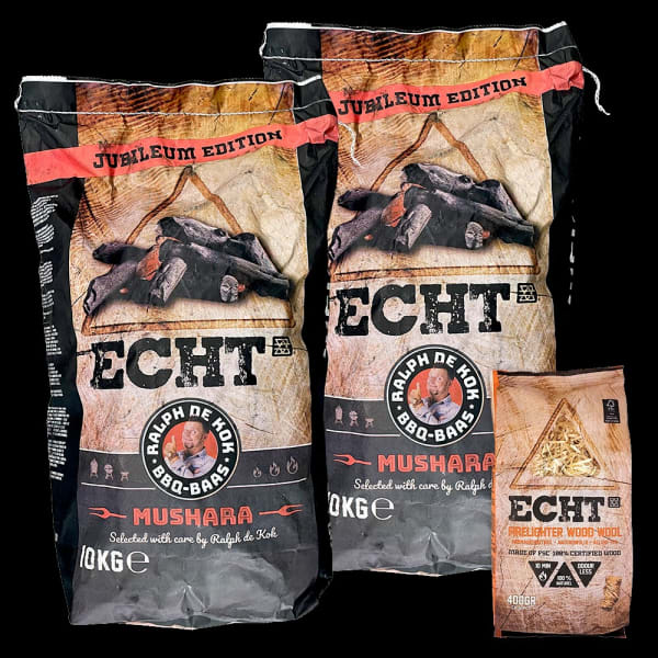 ECHT Mushara houtskool combi deal 2x 10kg met aanmaak houtwol