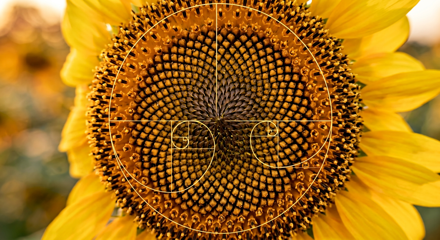 Sunflower seeds showing perfect Fibonacci spiral pattern