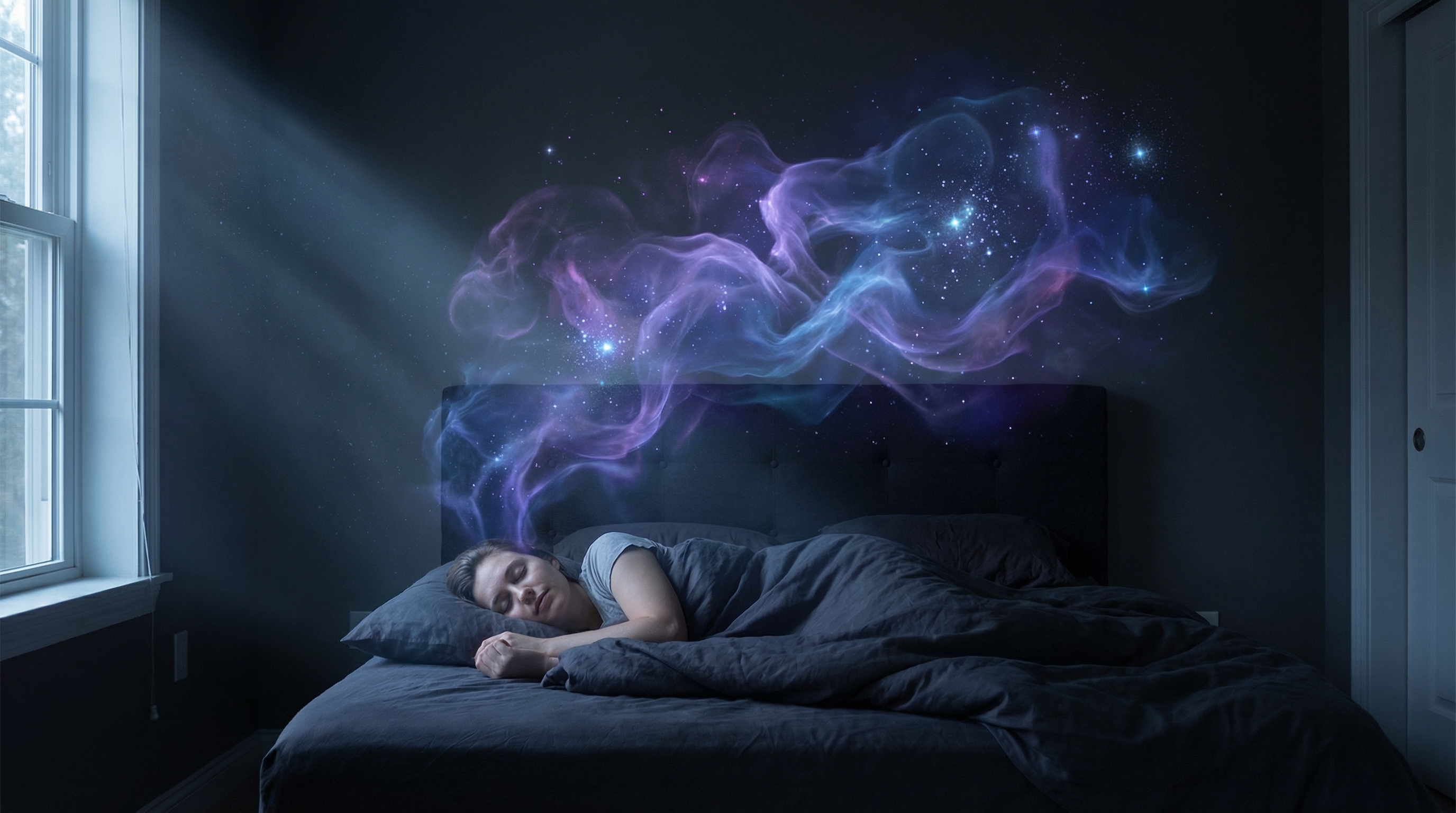 Person in deep sleep dreaming, surreal visualization
