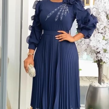 Elegant Pleated Midi Dress with Ruffle Sleeves