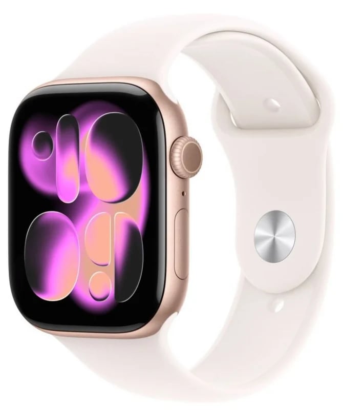 Apple Watch Series 11 GPS 46 მმ ვარდისფერი ოქროსფერი ალუმინის კორპუსით ღია მოწითალო სპორტული სამაჯურით - M/L (MEV74RK/A)