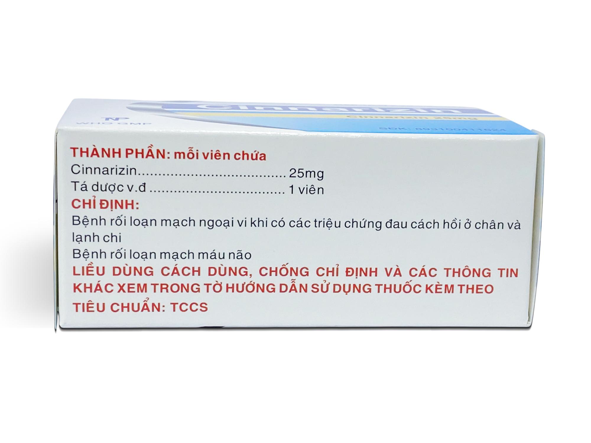 Cinnarizin 25mg Thành Nam (Hộp 10 Vỉ x 10 Viên Nén Tròn)