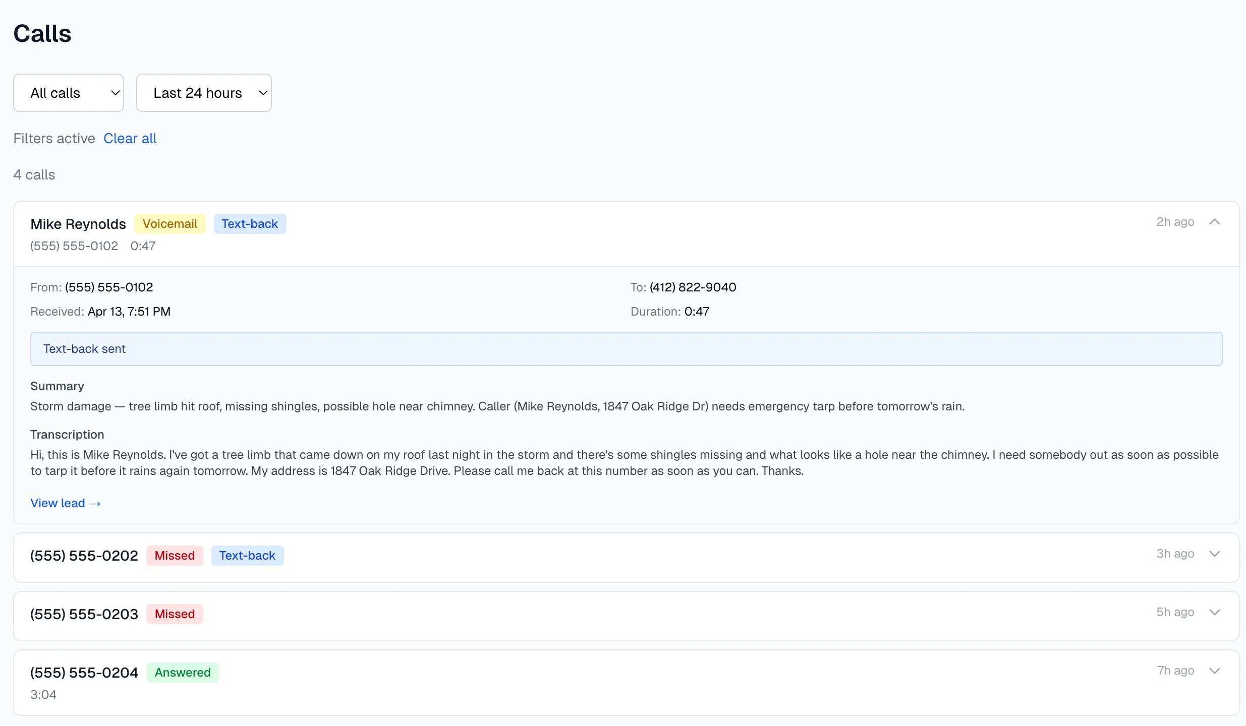 MainStreet calls view with voicemail transcription and AI summary
