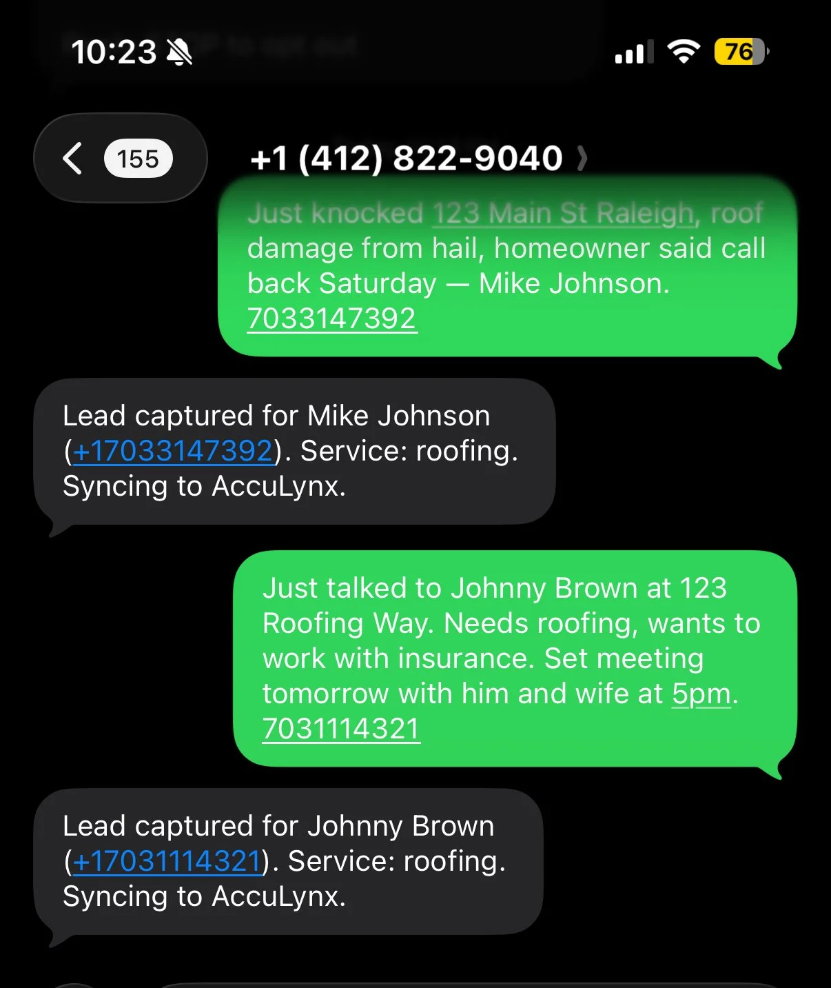 MainStreet field rep text capture showing SMS thread from door knock to CRM entry