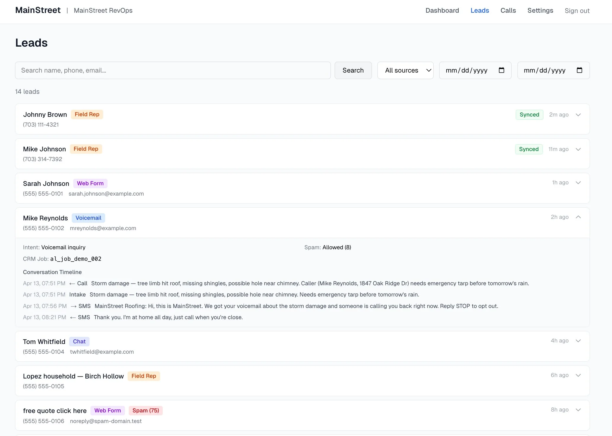 MainStreet leads feed with conversation timeline showing all channels in one thread
