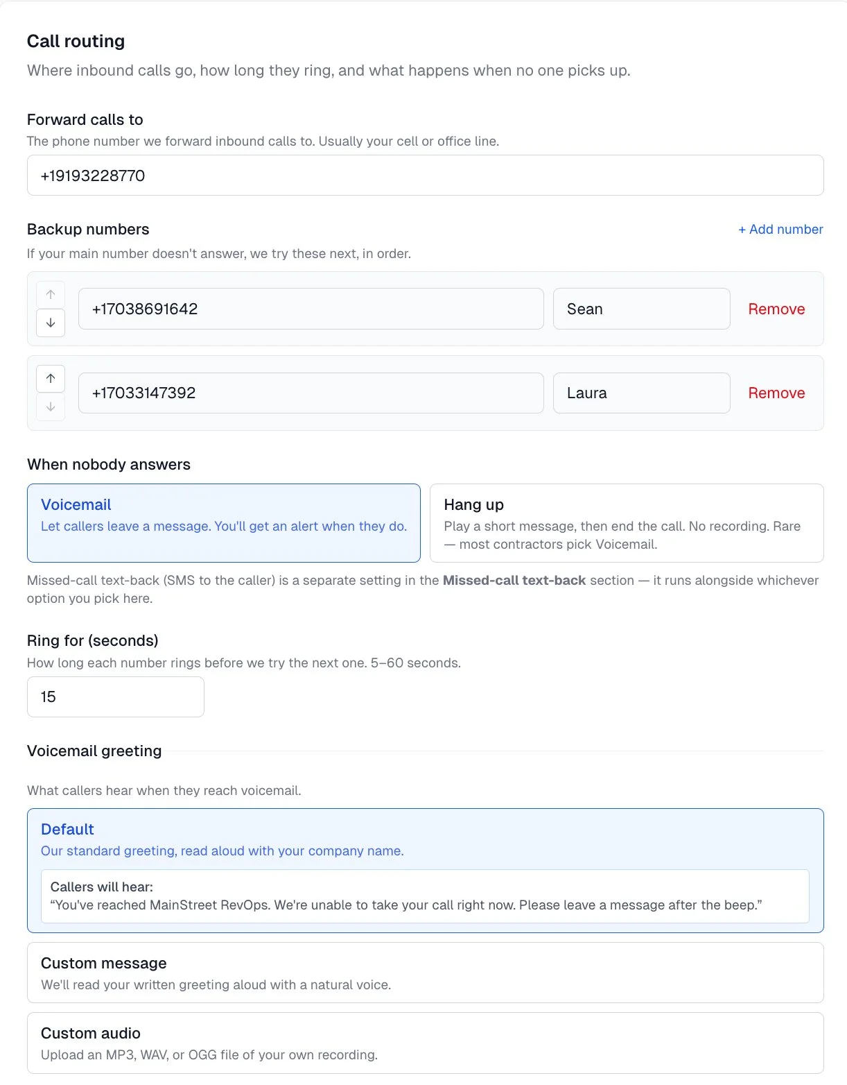 MainStreet settings page showing call routing rules and CRM sync configuration