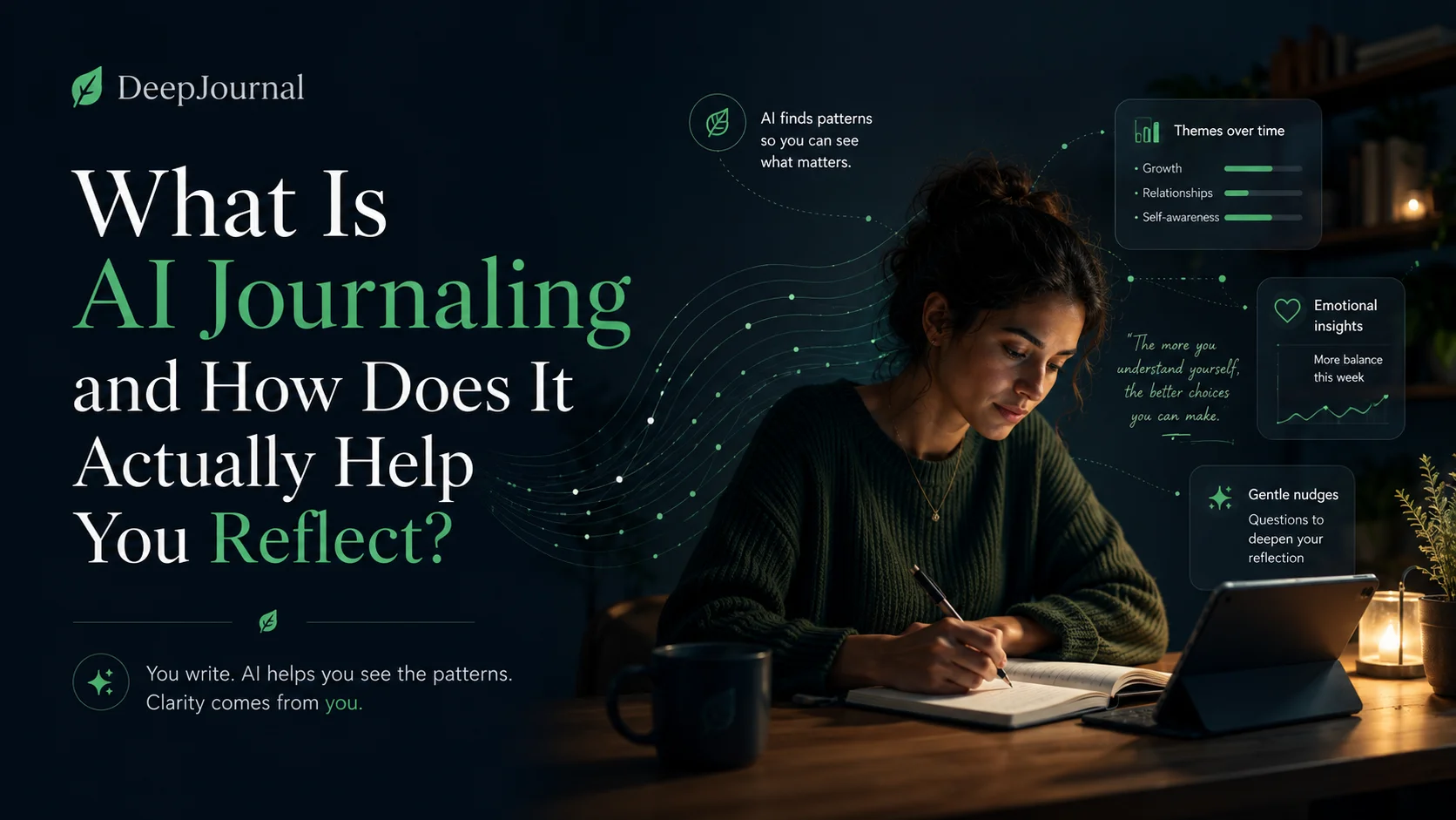 A calm digital journal screen with notes, reflection prompts, and soft green highlights