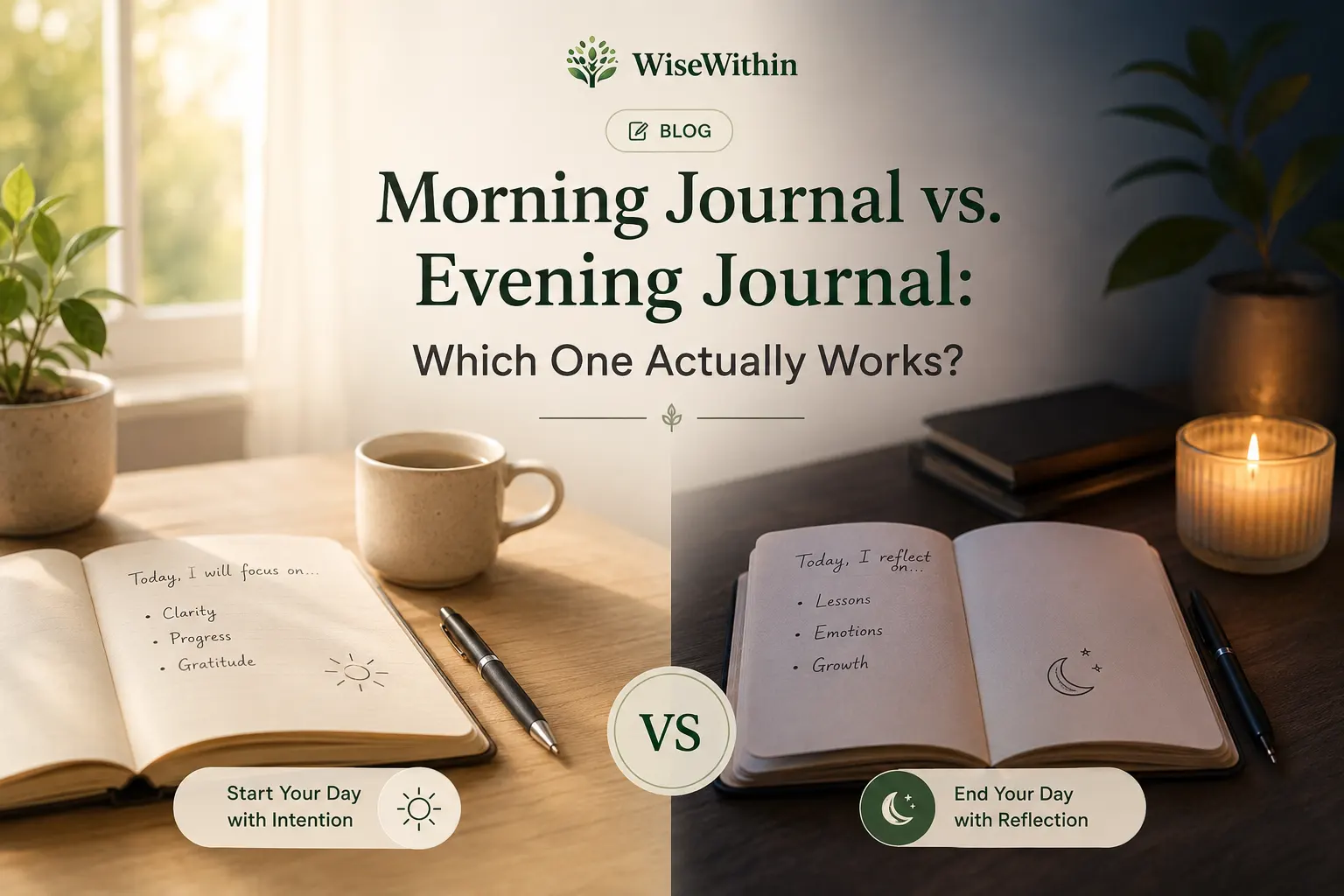 A journal open on a desk, half in morning light and half in evening shadow, representing the choice between morning and evening journaling.